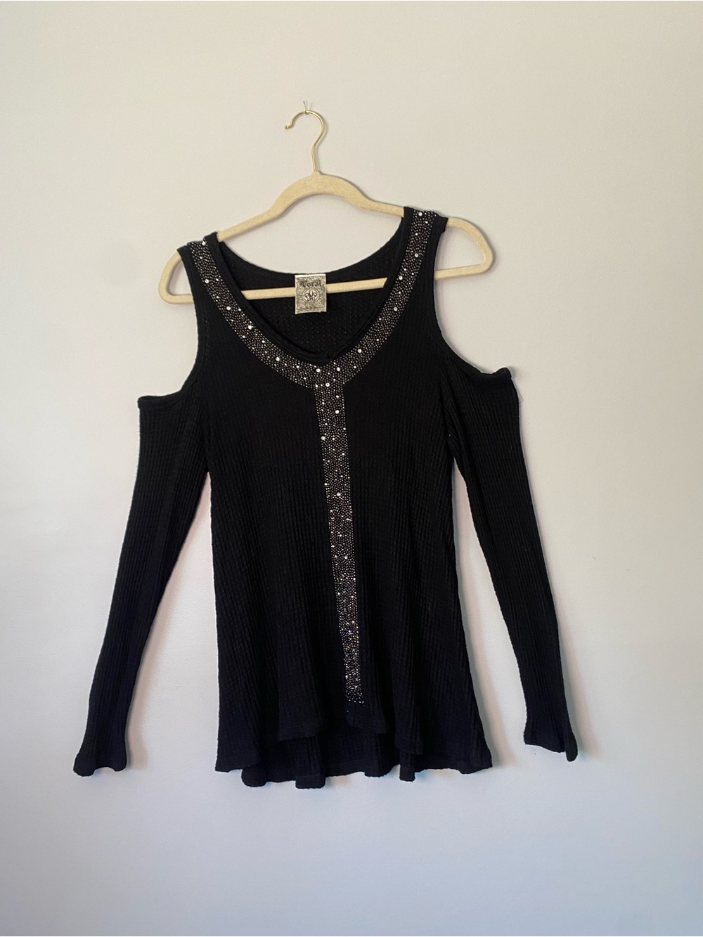 Vocal Black Rhinestone Cold Shoulder Top – Medium